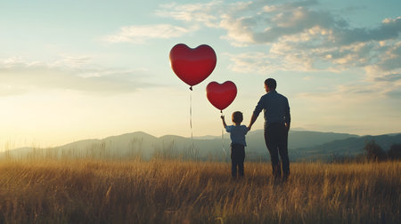 A heartwarming image of a father and son, silhouetted against a beautiful sunset, holding heart-shaped balloons. Shows love, family bond.の写真素材