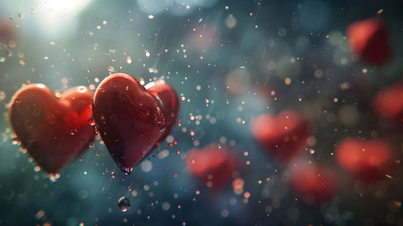 Two red hearts suspended in a dreamy backdrop of water droplets. Symbolizing love and romanceの写真素材