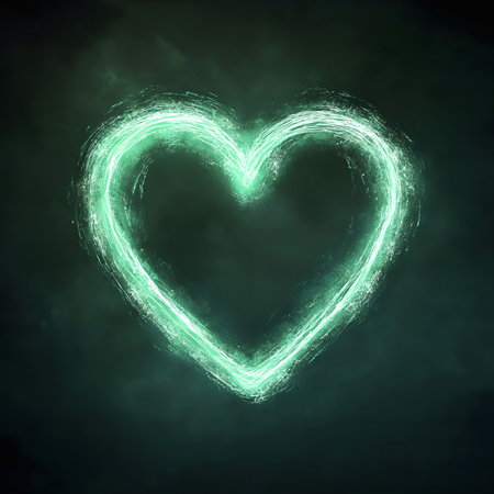 A luminous green heart shape shines against a dark background, symbolizing love, hope, and affection.の写真素材