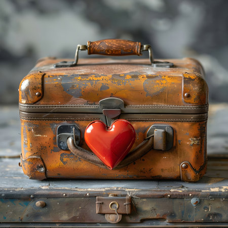 A rusty vintage suitcase with a red heart on top. Symbolizing love and journeys.の写真素材
