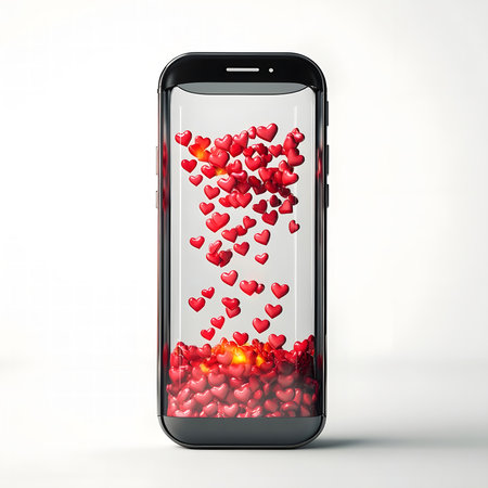 Red hearts falling on a smartphone screen. Digital love concept.の写真素材