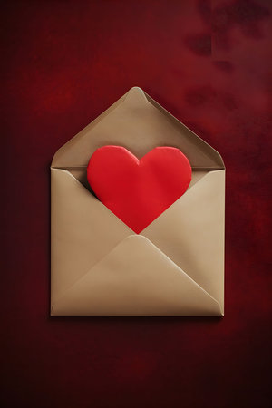 A red heart rests inside a beige envelope, a symbol of love and Valentine's Day. Minimalist and romantic.の写真素材