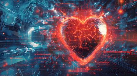 A vibrant digital heart pulsates with energy, symbolizing the intersection of technology and affection.の写真素材