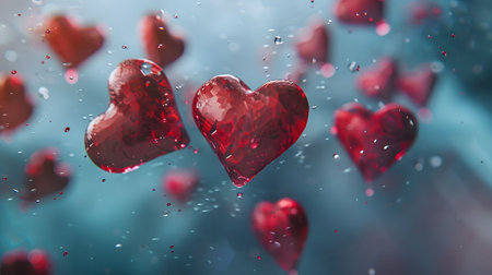 Red hearts float in water, symbolizing love and romance. A beautiful, abstract image.