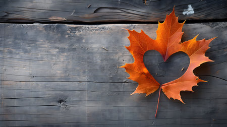 A vibrant orange maple leaf with a heart cut out, resting on a rustic gray wooden background....