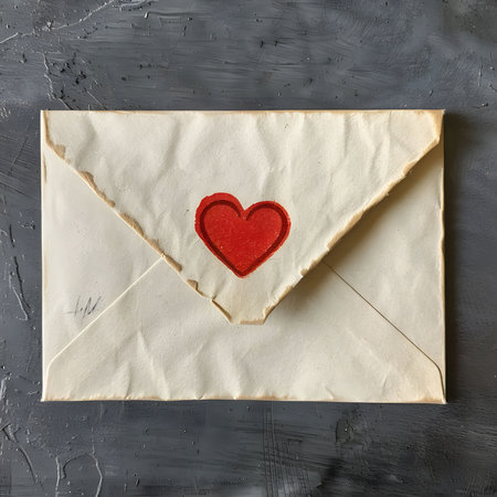 A close-up image of an old, vintage envelope with a red heart seal. Grunge texture and style....