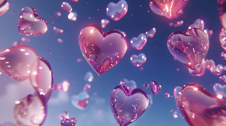 Pink glass hearts float in the blue sky. A romantic and dreamy image.