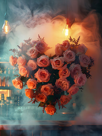 A heart-shaped arrangement of pink and peach roses, beautifully displayed in a smoky, dimly lit...