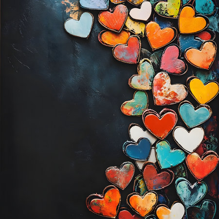 Hand-painted hearts cascade down a dark surface, creating a vibrant and artistic display of love and passion.の写真素材