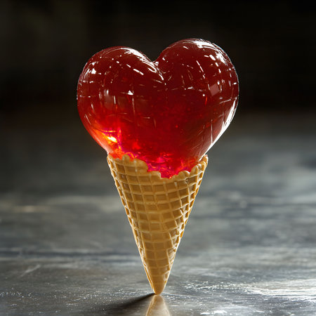 A red heart-shaped candy sits atop a crispy waffle cone, creating a romantic and delicious Valentine's Day image.の写真素材