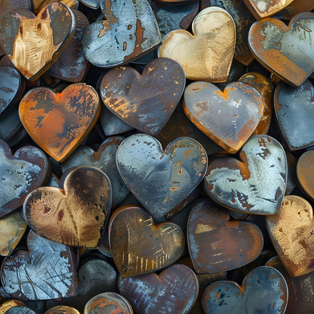 A closeup image of many rustic metal hearts. Weathered and textured, showing signs of age and beauty.の写真素材