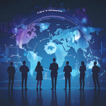 Silhouetted business figures observe a digital world map, showcasing global network and data visualization. Represents global business, collaboration, and the future of technology.の写真素材