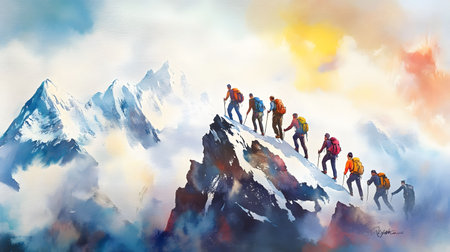 A group of hikers ascend a snowy mountain peak, showcasing teamwork and the pursuit of a shared goal. The scene is breathtaking.の写真素材
