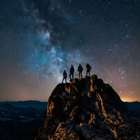 Four friends stand silhouetted against the breathtaking Milky Way on a mountaintop, enjoying the night sky's wonder.の写真素材