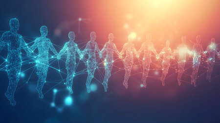 Abstract image depicting interconnected human figures, symbolizing global unity and digital...