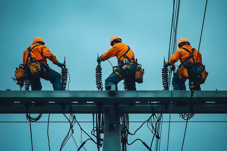 Three electricians in orange work on a high voltage power line, showing their teamwork and expertise in a dangerous job.の写真素材