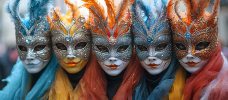 Close-up of four elaborate Venetian carnival masks, showcasing vibrant colors and intricate details. A captivating display of artistry and tradition.の写真素材