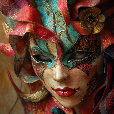 Close-up view of an exquisitely crafted Venetian carnival mask. Rich colors, intricate details, and a captivating design.の写真素材