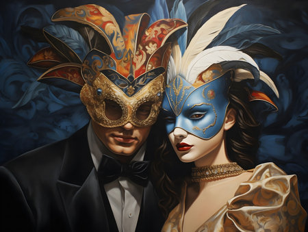 A captivating oil painting depicting an elegant couple adorned in elaborate Venetian masquerade masks. The rich colors and dramatic lighting create a sense of mystery and romance.の写真素材