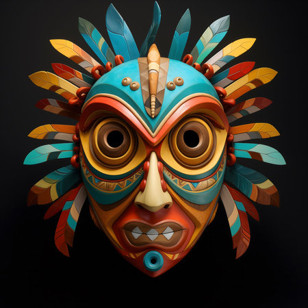 A stunning close-up of a handcrafted tribal mask, rich in color and intricate detail. The mask's vibrant hues and unique design tell a story of cultural heritage.の写真素材