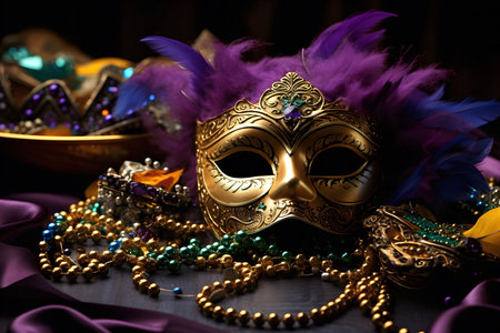 A captivating image of a lavish golden mask, decorated with vibrant purple and blue feathers, surrounded by glittering Mardi Gras beads and jewels.の写真素材