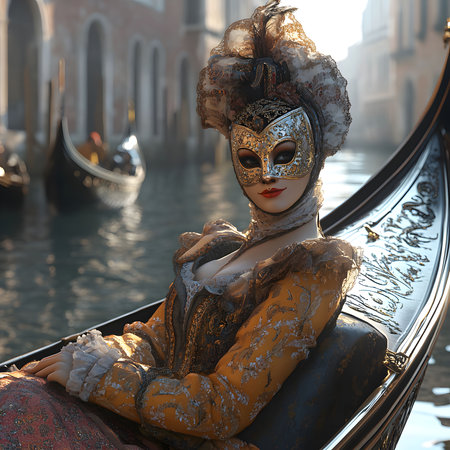 A woman in an ornate Venetian masquerade costume sits in a gondola, sunlight illuminating her golden dress and mask.の写真素材