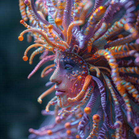 A digital painting showcasing a mysterious creature with elaborate, colorful adornments. The artwork evokes a sense of fantasy and wonder.の写真素材