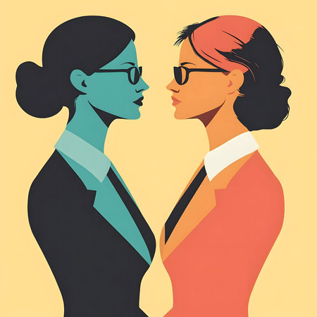Two businesswomen face each other, representing a dynamic tension between competition and collaboration in the corporate world.の写真素材
