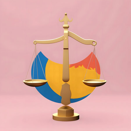 3D rendering of golden scales of justice against a vibrant abstract backdrop. Symbolizing balance...