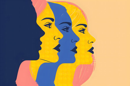 An abstract artwork depicting three overlapping female faces in bold yellow, blue and pink hues, symbolizing identity and self-expression.の写真素材