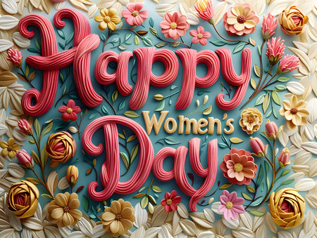 Happy Women's Day! This vibrant image celebrates womanhood with delicate paper flowers and a stylish typographic design.の写真素材