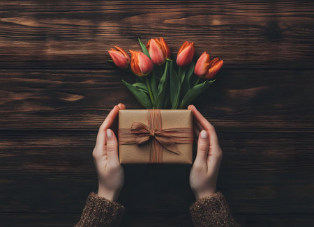 A beautifully wrapped gift box sits atop a rustic wooden surface, adorned with a vibrant bouquet of orange tulips. It is a heartwarming scene suggesting thoughtful celebration.の写真素材