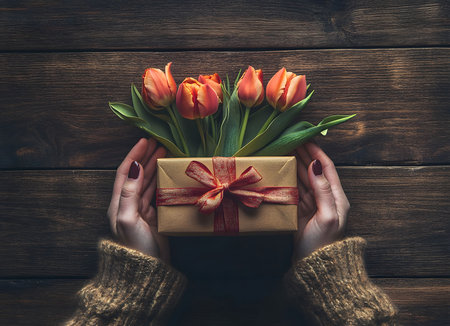 A heartwarming image depicting a gift of tulips presented on a rustic wooden background. The soft lighting and delicate arrangement create a romantic and tender atmosphere.の写真素材