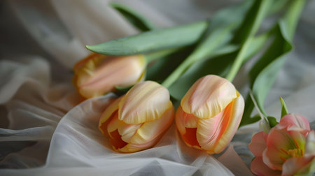 Three peach tulips rest gently on a sheer fabric. Soft lighting enhances their delicate beauty.の写真素材