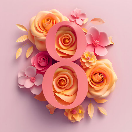 Elegant paper flowers forming the number 8 for International Women's Day. A beautiful and delicate design.の写真素材