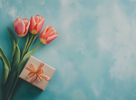 Three pastel pink tulips and a gift with a rose gold ribbon on a turquoise background. Perfect for Mother's Day or any special occasion.の写真素材
