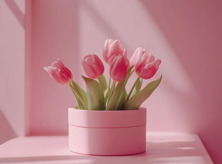 A stunning image of pink tulips arranged in a pink box, bathed in soft sunlight. A symbol of springtime beauty.の写真素材