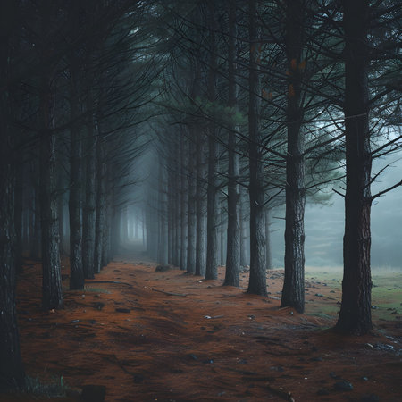 A misty forest path winds through tall trees, creating a magical and serene atmosphere. The fog adds to the enchanting mood.の写真素材