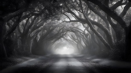 A misty road winds through a tunnel of ancient oak trees, creating a mysterious and serene...