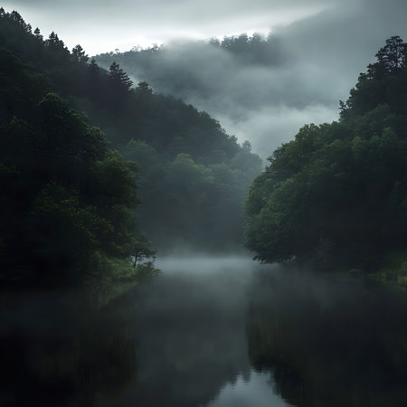 A misty river flows through a lush green forest on a calm morning. The fog creates a mysterious and...