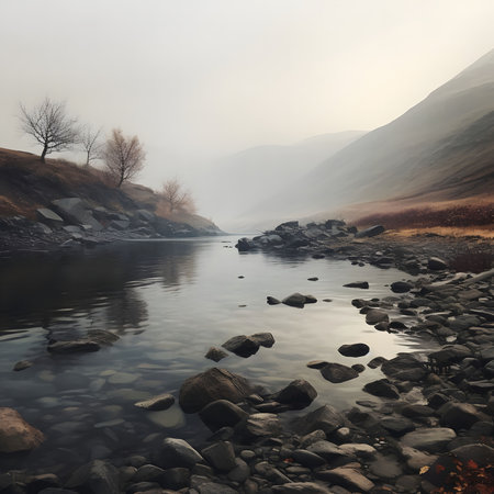 Misty river flowing through mountains in autumn. Tranquil and peaceful scene.