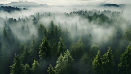 Aerial view of a misty forest covering mountains. Green trees and fog creates a calm atmosphere.の写真素材