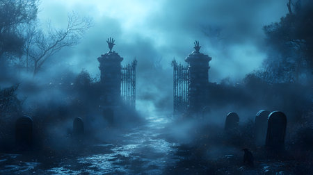 A spooky scene of an old cemetery gate shrouded in fog at night. Mysterious and chilling.の写真素材