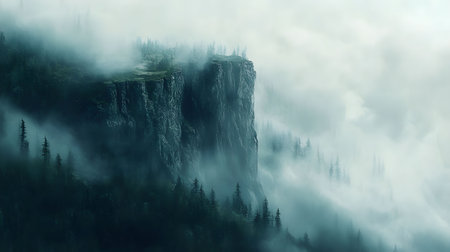 A majestic mountain peak shrouded in a thick, ethereal mist. The scene is peaceful, and almost mystical.の写真素材
