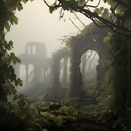Misty ruins overgrown with lush vegetation, a scene of mystery and serenity. An abandoned stone structure reclaimed by nature.の写真素材