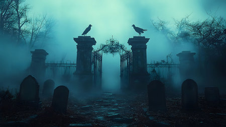 A spooky scene of a cemetery gate shrouded in thick fog, with crows perched atop the pillars. The atmosphere is mysterious and dark.の写真素材