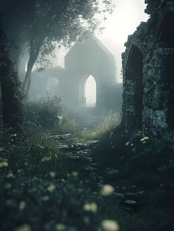 A mysterious path leads through ancient ruins shrouded in mist. The scene evokes a sense of serenity and quiet exploration.の写真素材