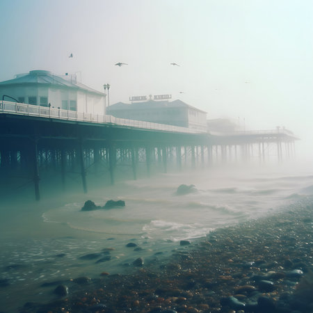 A misty pier extends into a calm ocean. Fog blankets the scene, creating a serene and tranquil atmosphere. The waves gently lap the shore.の写真素材