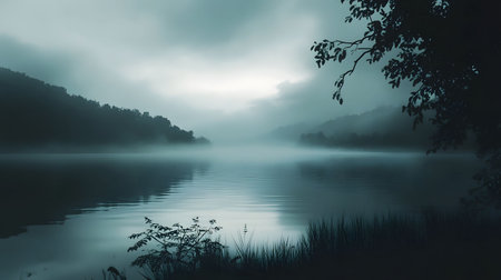 A misty lake at twilight, reflecting the serene mountains and trees. The fog creates a mysterious and peaceful atmosphere.の写真素材