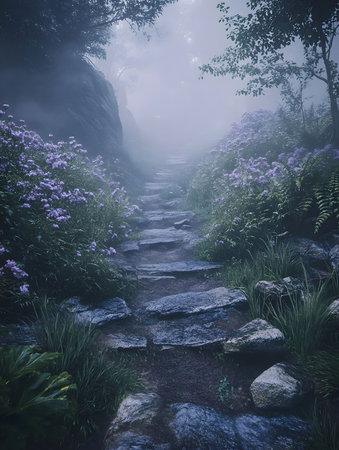 A stone path winds through a misty forest, lined with purple flowers. Peaceful and enchanting.の写真素材